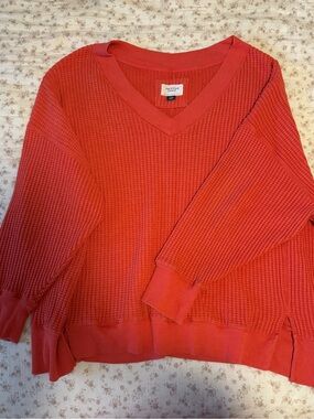 American Eagle Outfitters Women’s V-Neck Waffle Knit Sweater - Coral Red